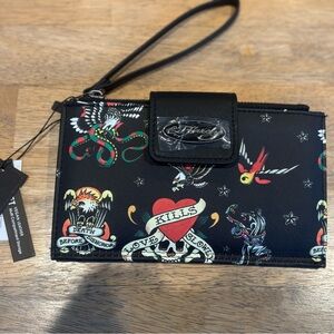 Ed Hardy Black Tattoo-Print Wristlet NWT